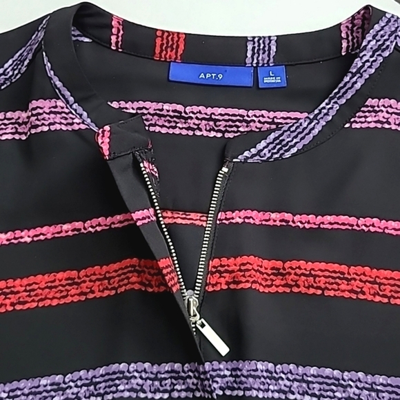 ⭐️3/ $3⭐️ APT. 9 Black Pink Purple Stripes Roll-Up Sleeves Zip Crew Collar Sz M - Picture 6 of 15